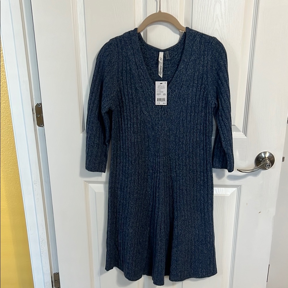 Casual Blue V-Neck 3/4 Sleeve A-Line Dress
